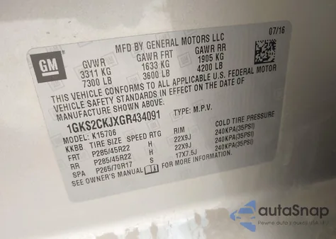 2016 GMC Yukon Denali z USA, uszkodzony, nr VIN 1GKS2CKJXGR434091